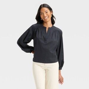 Long Sleeve Eyelet Popover Blouse - Navy Blue L Universal Thread